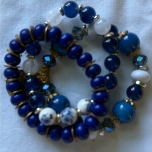 Casual Blue and White Beaded Stretch Bracelet Set